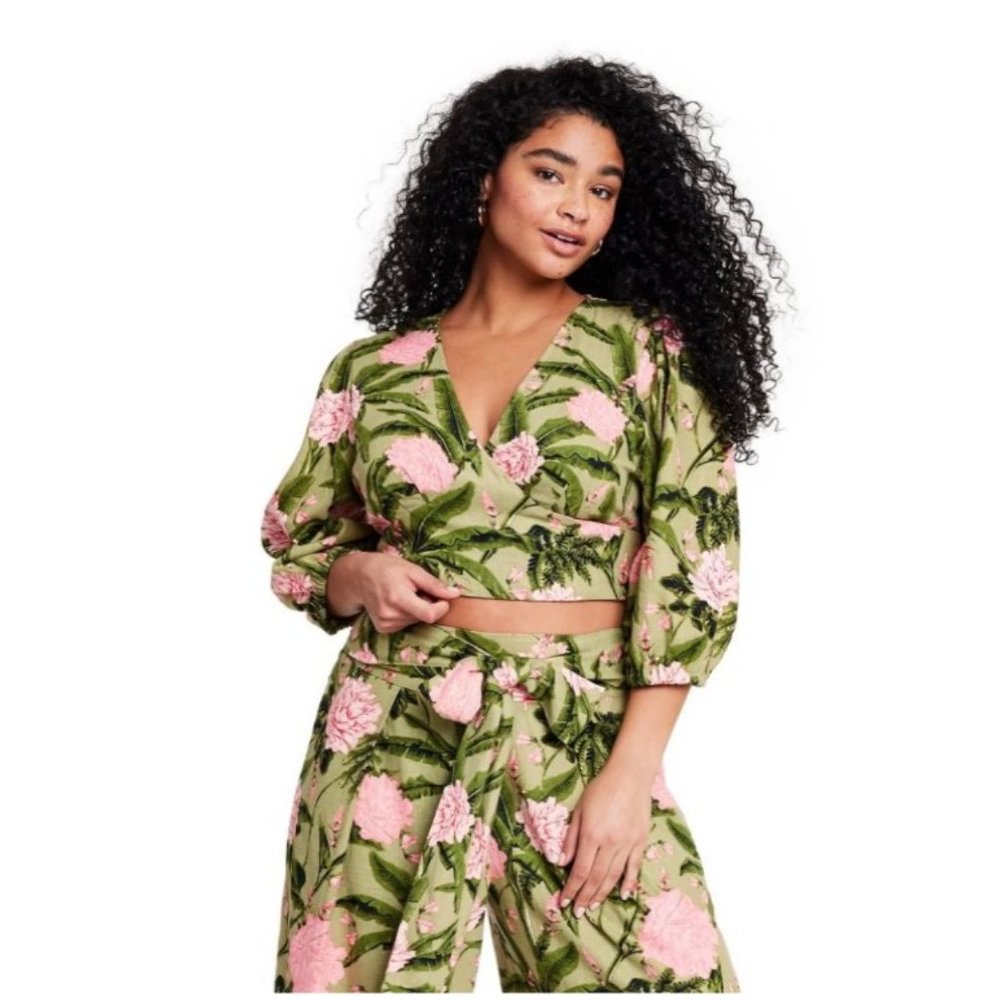 Agua Benita Peony Print Tie Wrap Top & Pants - Size Small (top) / Medium (bottom - Picture 3 of 7